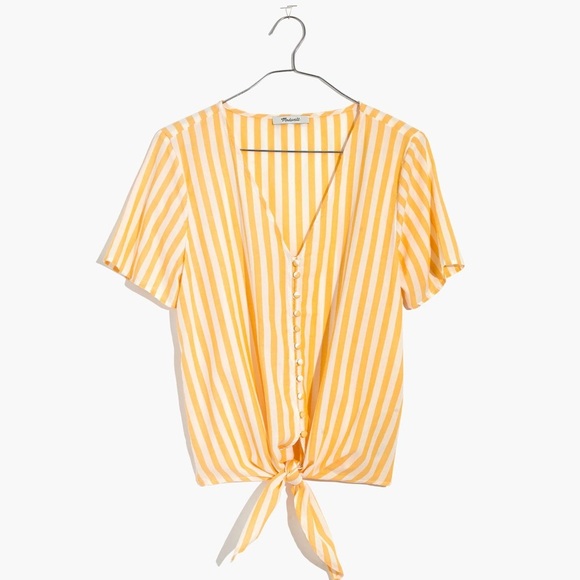 Madewell Agency Tie-Front Button Top in Pompano Stripe (M) - Picture 3 of 6